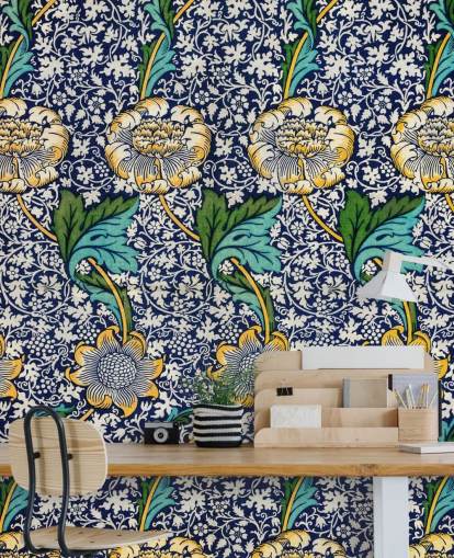 papel pintado con estampado floral azul brillante