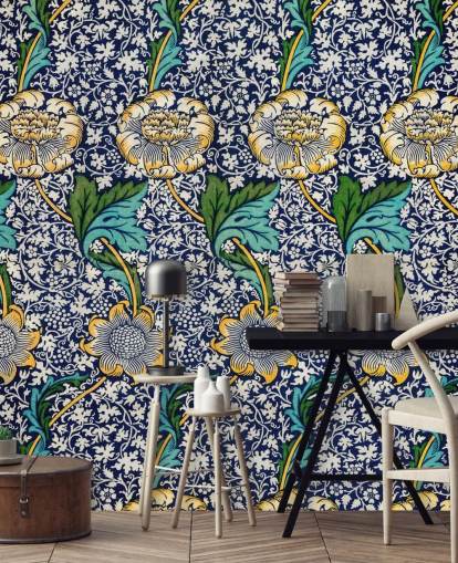 papel pintado con estampado floral azul brillante