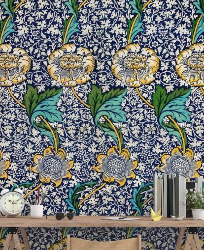 papel de parede com padrão floral azul brilhante