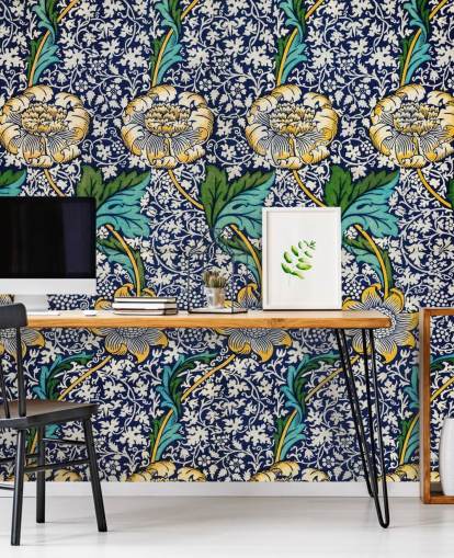 papel pintado con estampado floral azul brillante