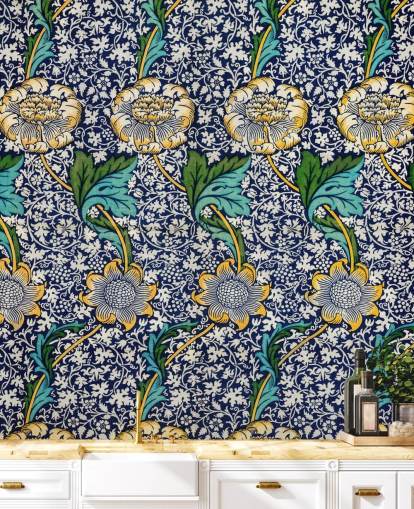 papel pintado con estampado floral azul brillante