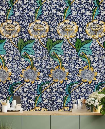 bright blue floral pattern wallpaper