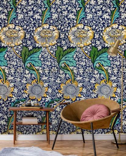 papel pintado con estampado floral azul brillante