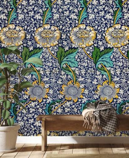 papel pintado con estampado floral azul brillante