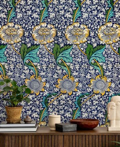 bright blue floral pattern wallpaper
