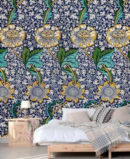 felblauw bloemenpatroon behang