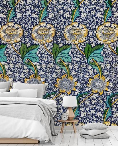 bright blue floral pattern wallpaper
