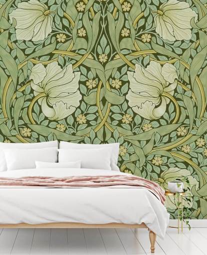 papel de parede estampado floral verde sálvia