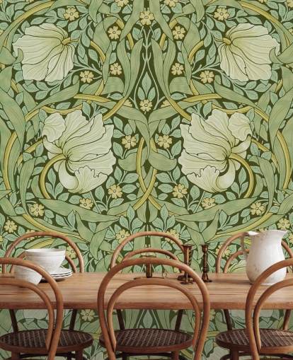 saliegroen behang met bloemenpatroon