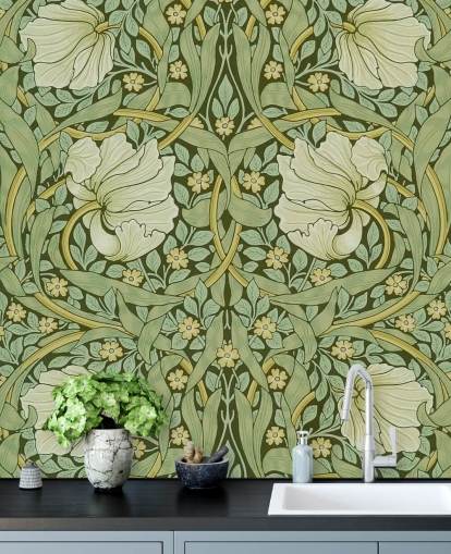 papel de parede estampado floral verde sálvia