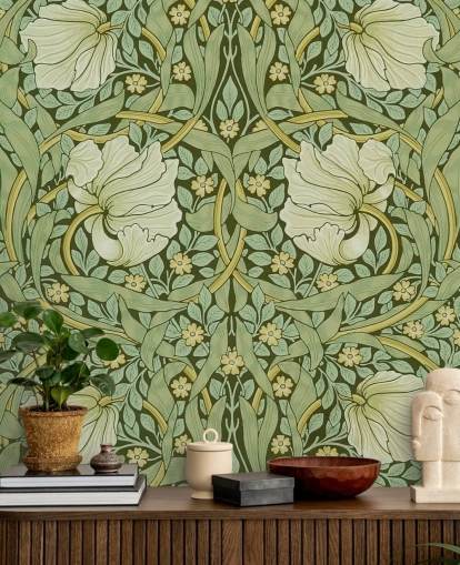 papel pintado con estampado floral verde salvia