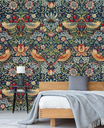 Carta da parati murale con uccelli, fiori e ladri di fragole Carta da parati murale con uccelli, fiori e ladri di fragole