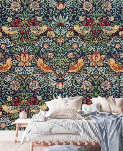 mural de papel pintado con forma de ladrón de pájaros, flores y fresas