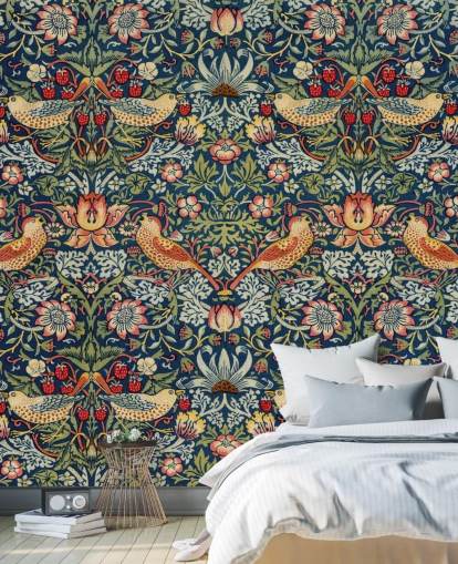 bird, floral and strawberry thief wallpaper mural