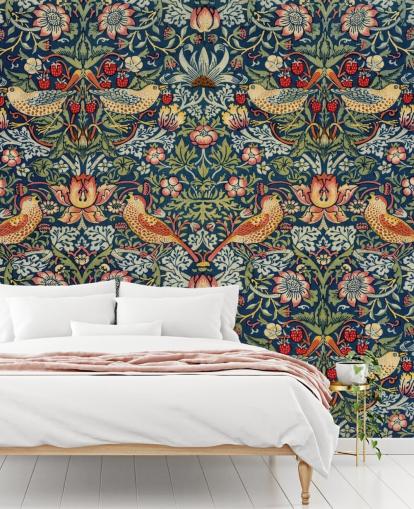 Carta da parati murale con uccelli, fiori e ladri di fragole