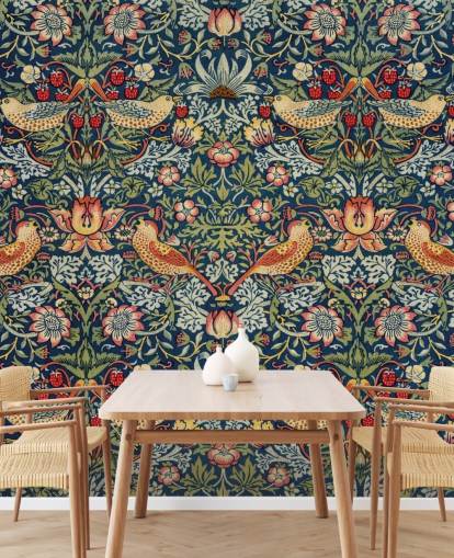 bird, floral and strawberry thief wallpaper mural