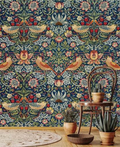 Carta da parati murale con uccelli, fiori e ladri di fragole
