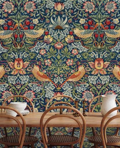 behangposter vogel-, bloemen- en aardbeiendief