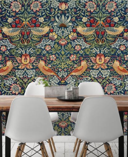 bird, floral and strawberry thief wallpaper mural