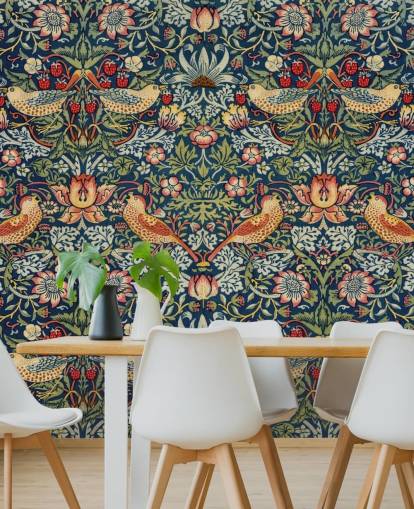 Carta da parati murale con uccelli, fiori e ladri di fragole