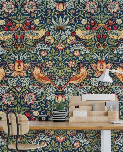 bird, floral and strawberry thief wallpaper mural