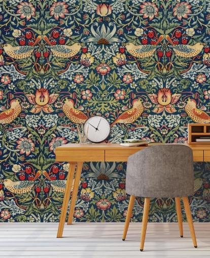 behangposter vogel-, bloemen- en aardbeiendief