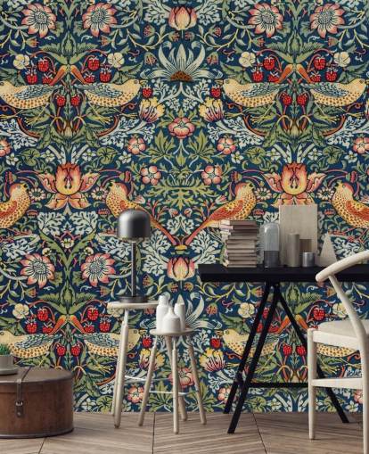 bird, floral and strawberry thief wallpaper mural