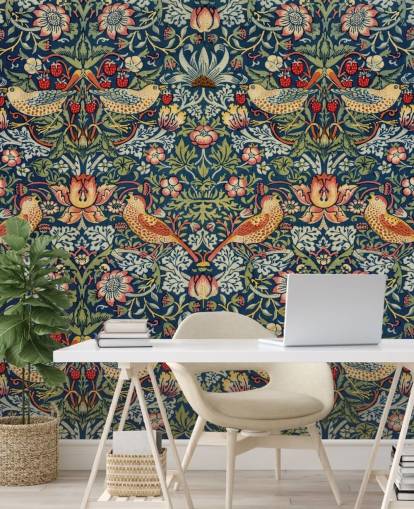 bird, floral and strawberry thief wallpaper mural