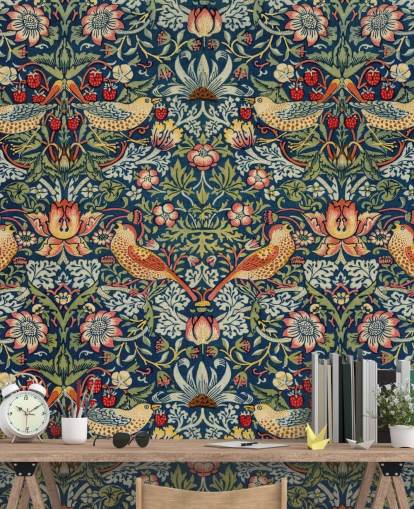 bird, floral and strawberry thief wallpaper mural