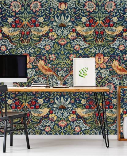 bird, floral and strawberry thief wallpaper mural