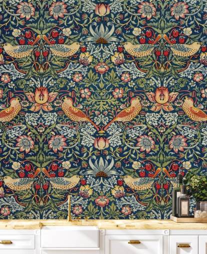 bird, floral and strawberry thief wallpaper mural