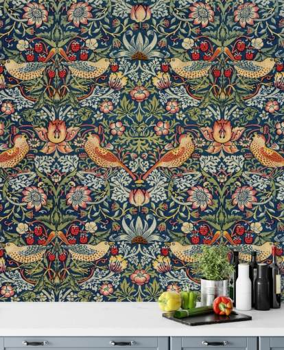 Carta da parati murale con uccelli, fiori e ladri di fragole