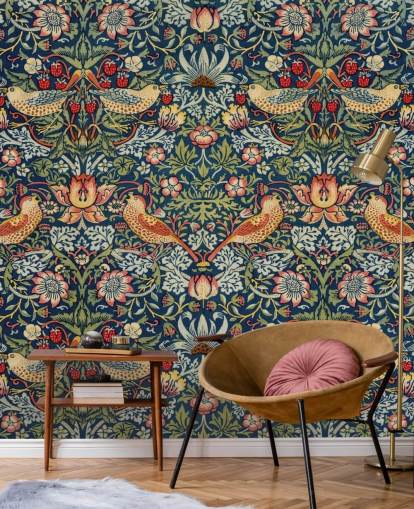 papier peint voleur d'oiseaux, de fleurs et de fraises