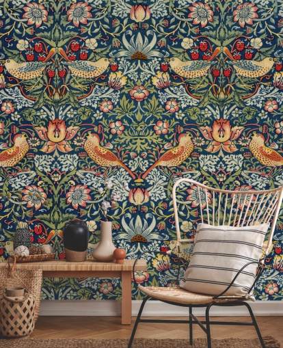 bird, floral and strawberry thief wallpaper mural