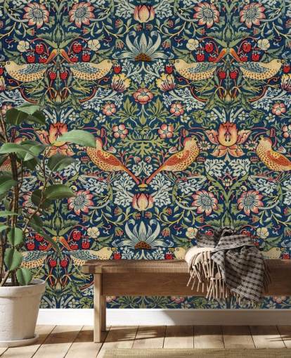 Carta da parati murale con uccelli, fiori e ladri di fragole Carta da parati murale con uccelli, fiori e ladri di fragole