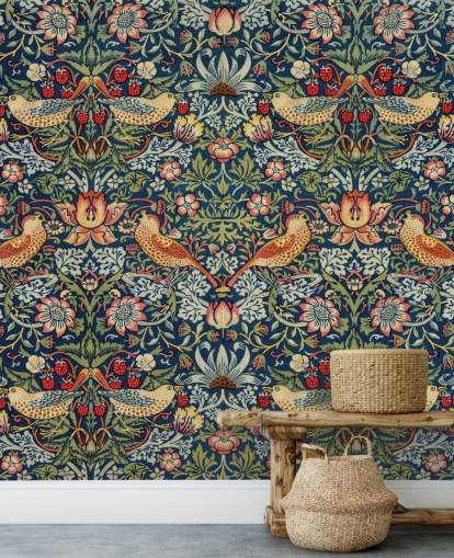 mural de papel pintado con forma de ladrón de pájaros, flores y fresas