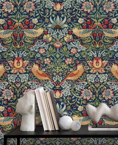 mural de papel pintado con forma de ladrón de pájaros, flores y fresas