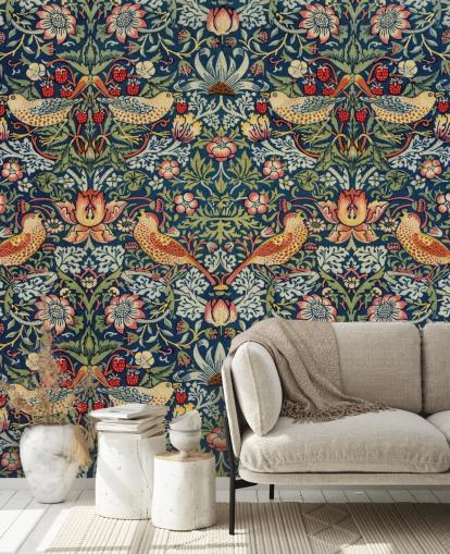 mural de papel pintado con forma de ladrón de pájaros, flores y fresas