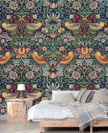 mural de papel pintado con forma de ladrón de pájaros, flores y fresas