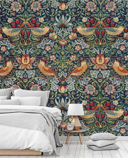 behangposter vogel-, bloemen- en aardbeiendief