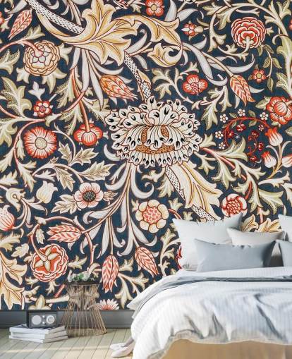 marineblauw en rood bloemenpatroon behang van William Morris