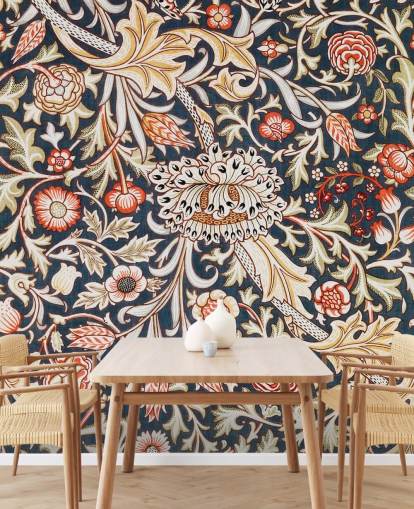 papel pintado con estampado floral azul marino y rojo de William Morris papel pintado con estampado floral azul marino y rojo de William Morris