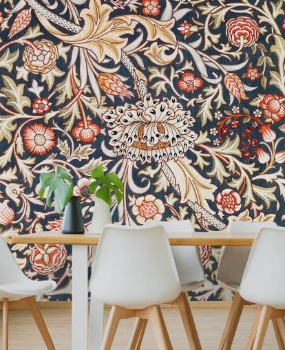 navy and red floral patterned wallpaper by William Morris