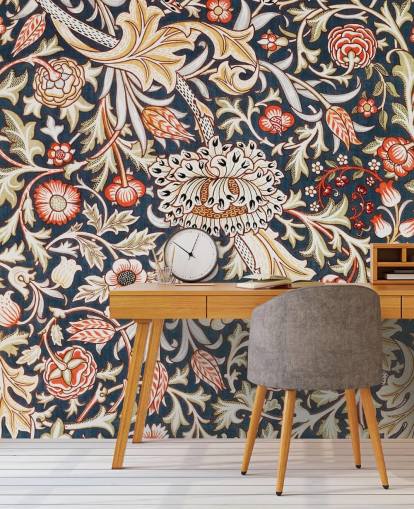 navy and red floral patterned wallpaper by William Morris