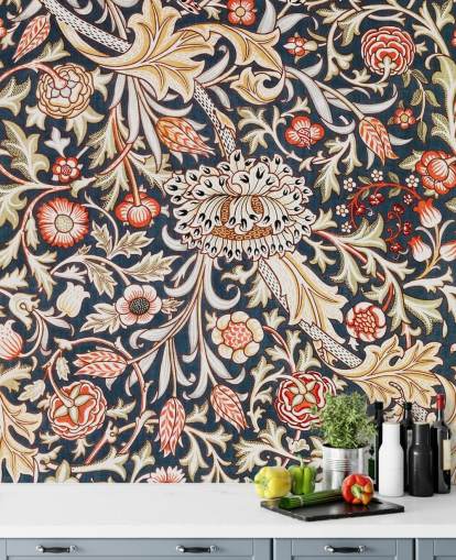 navy and red floral patterned wallpaper by William Morris