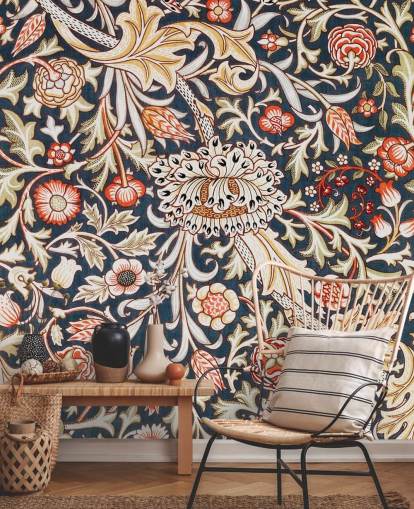 marineblauw en rood bloemenpatroon behang van William Morris marineblauw en rood bloemenpatroon behang van William Morris