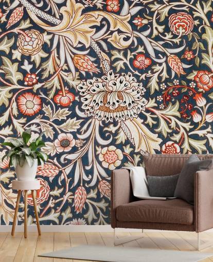 marineblauw en rood bloemenpatroon behang van William Morris