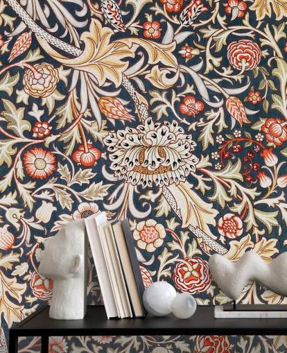 navy and red floral patterned wallpaper by William Morris