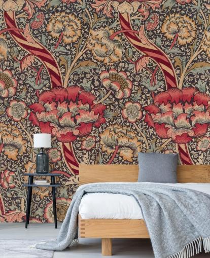 carta da parati murale con motivi rossi e blu William Morris