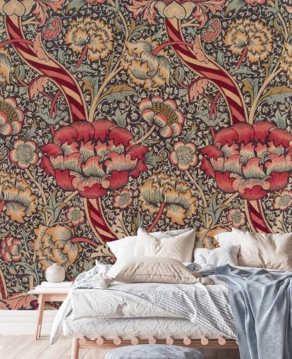 carta da parati murale con motivi rossi e blu William Morris